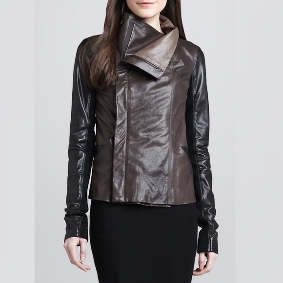 VINCE Colorblock Black Leather Wrap Moto Jacket